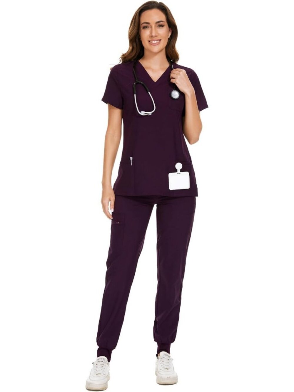 Cozy Women's Scrub Set - Stretch V-Neck Top & Jogger Pants with 9 Pockets